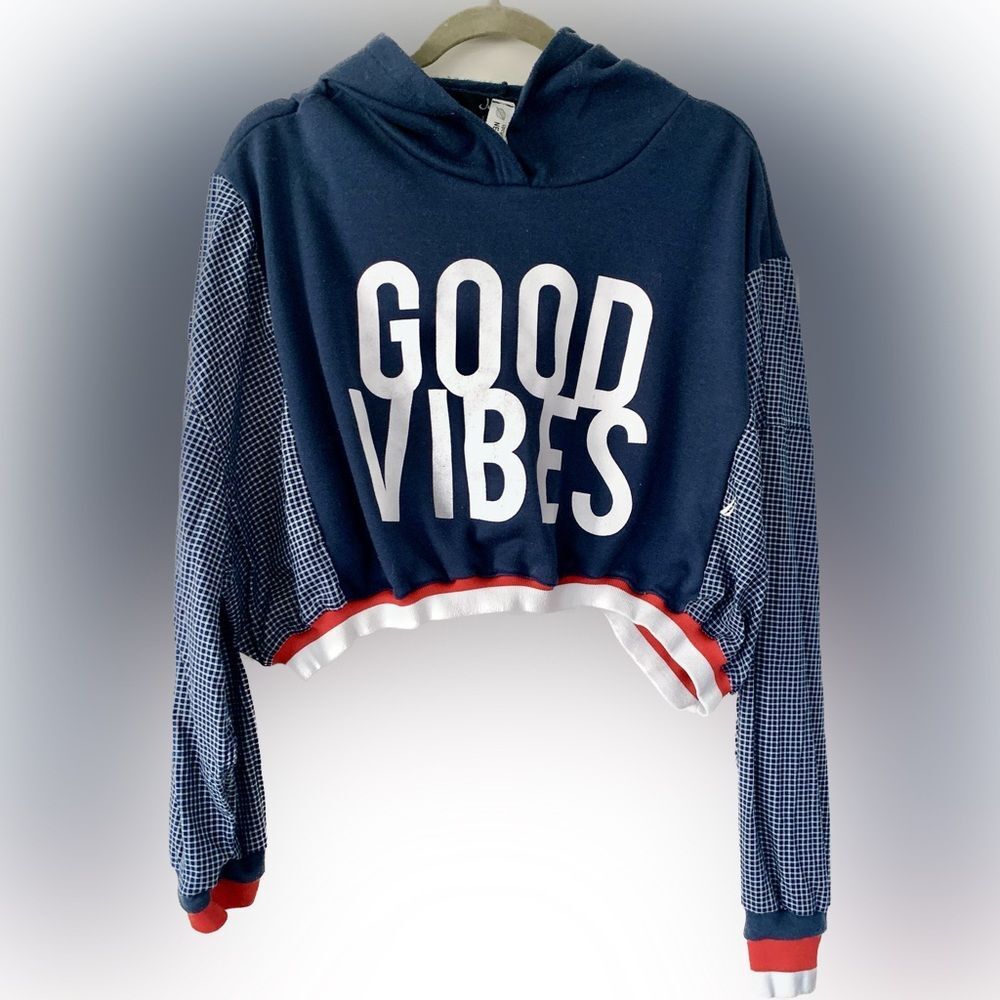 Upcycled Hoodie Woven Nautica Shirt Cropped Good Vibes Top